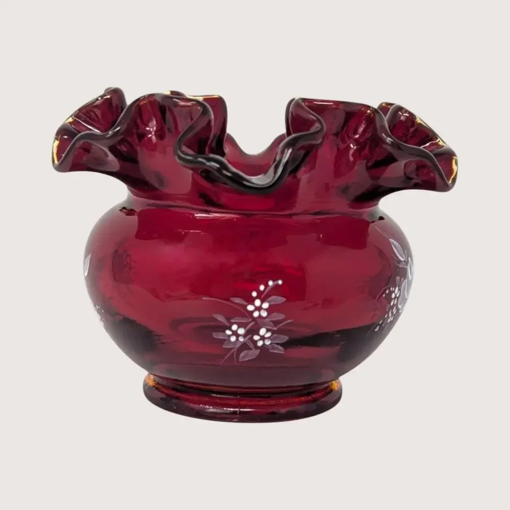 1980s Fenton Ruby Red Glass Hand Painted Ruffled Vase